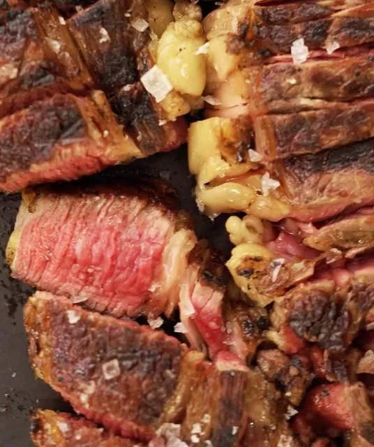 Flame-grilled beef sliced into strips